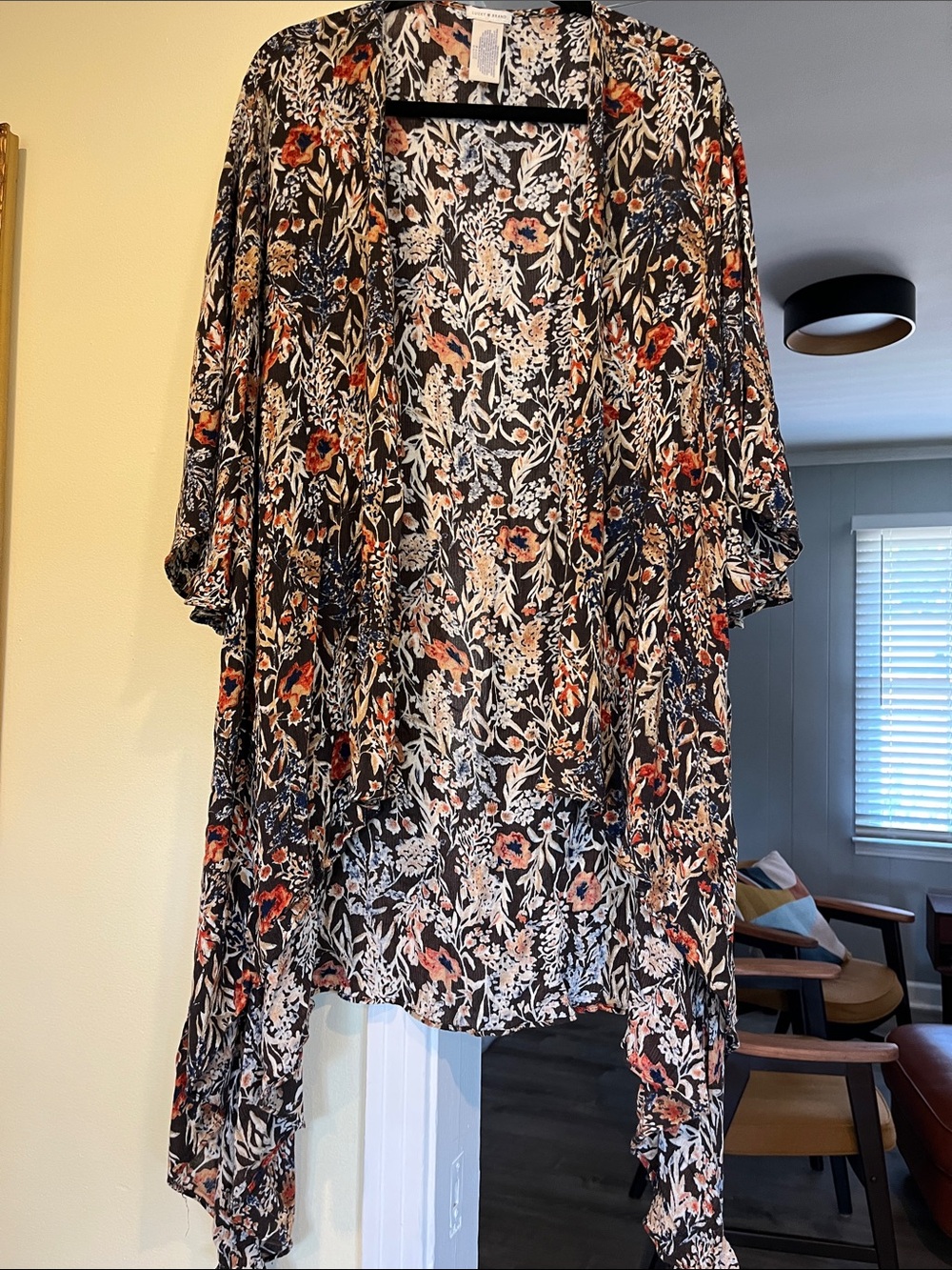 Lucky Brand Black Floral-Print Open Kimono with Rust & Cream Accents